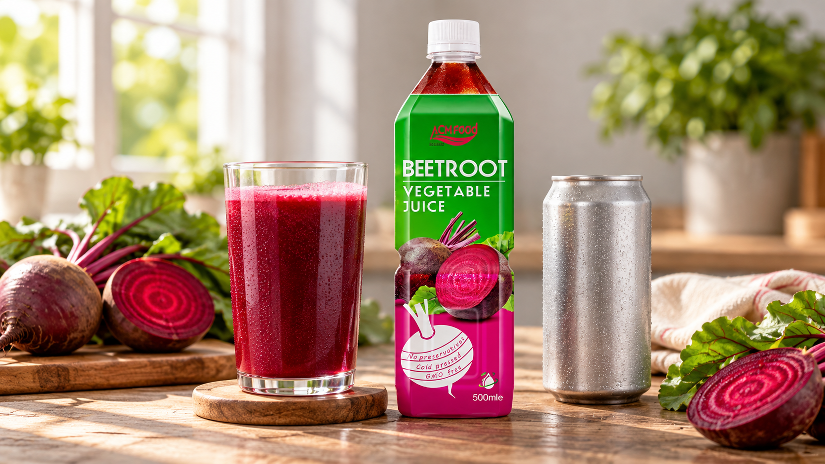 Glass of deep red beetroot juice on a table next to a PET bottle and an aluminium can, soft window light, commercial beverage photography, landscape composition