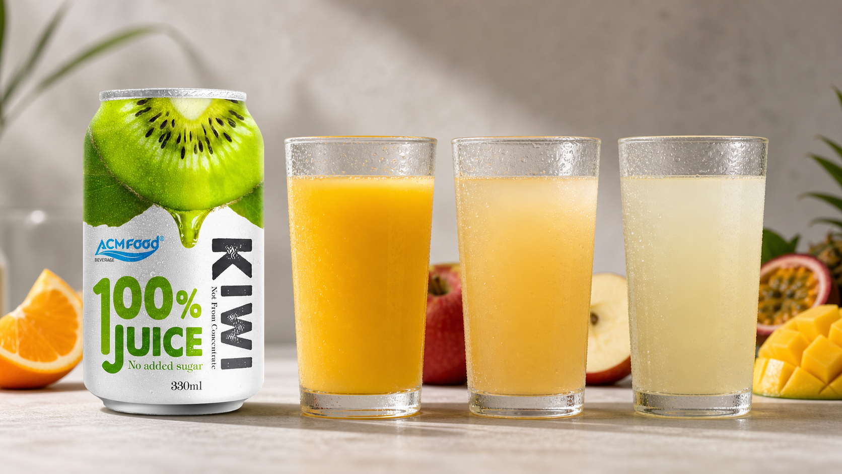 Three glasses 100% juice nectar and juice drink on neutral background