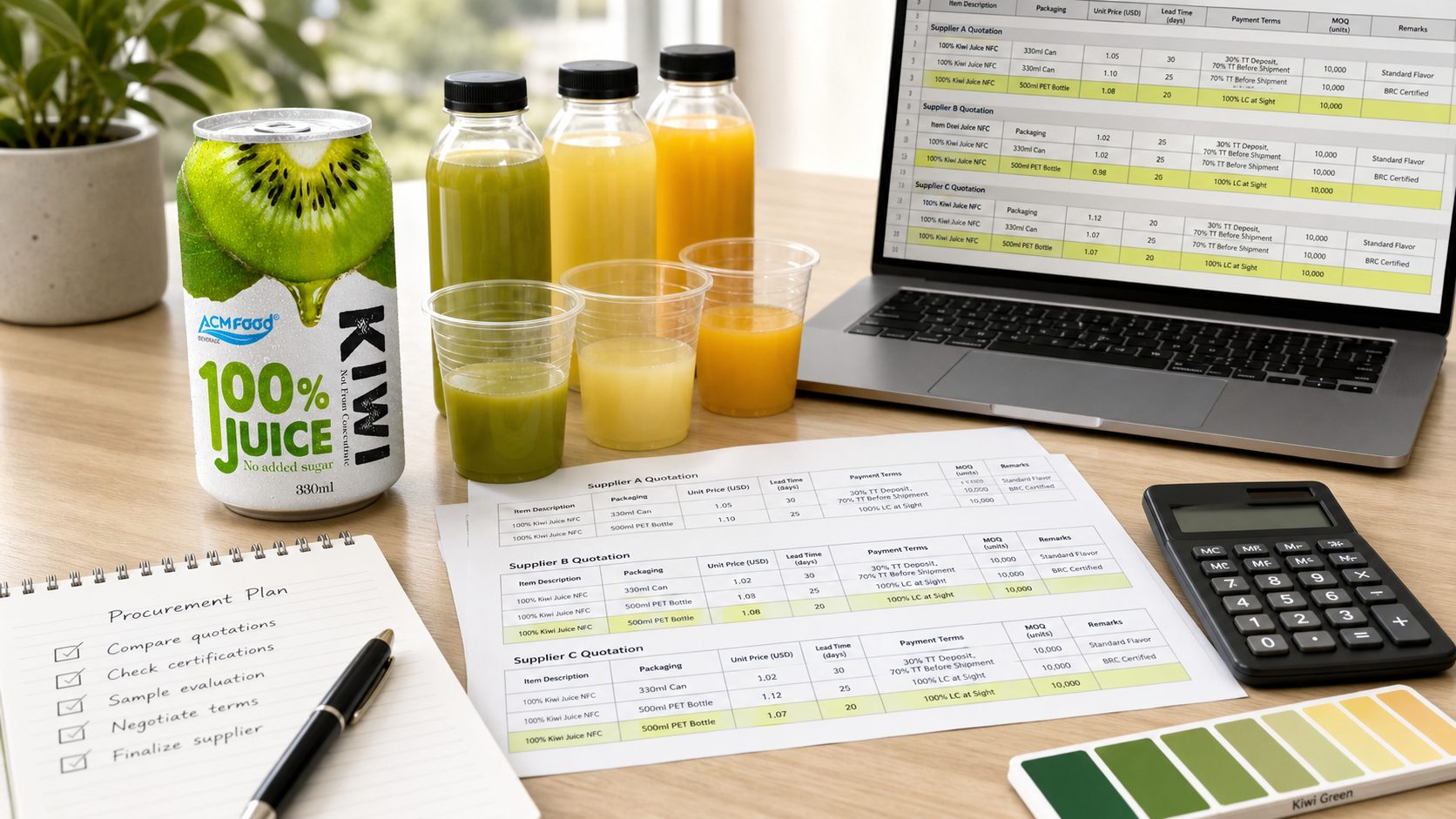 Buyer comparing fruit juice quotations and supplier specs on laptop