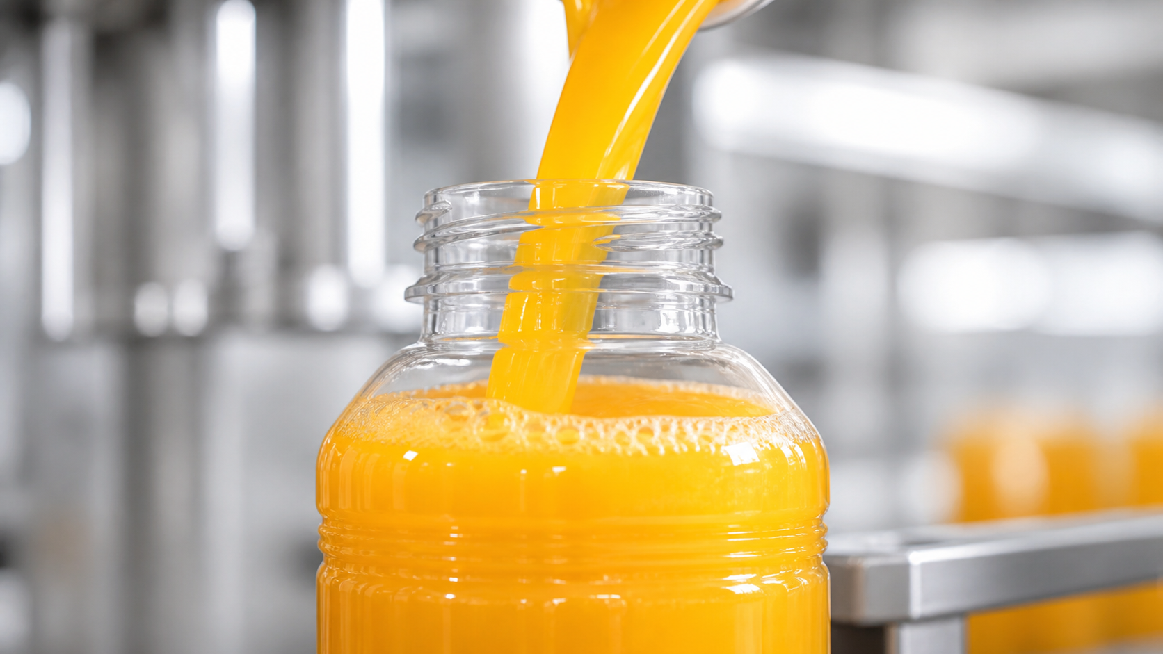 Close-up pouring orange juice into clear bottle for commercial packaging