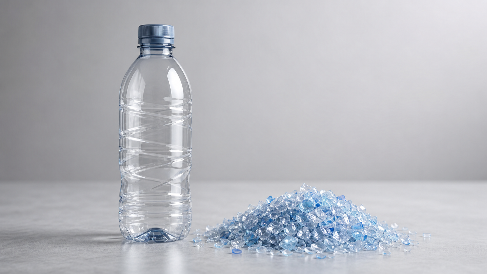 Clear 100% rPET beverage bottle next to blue recycled PET flakes