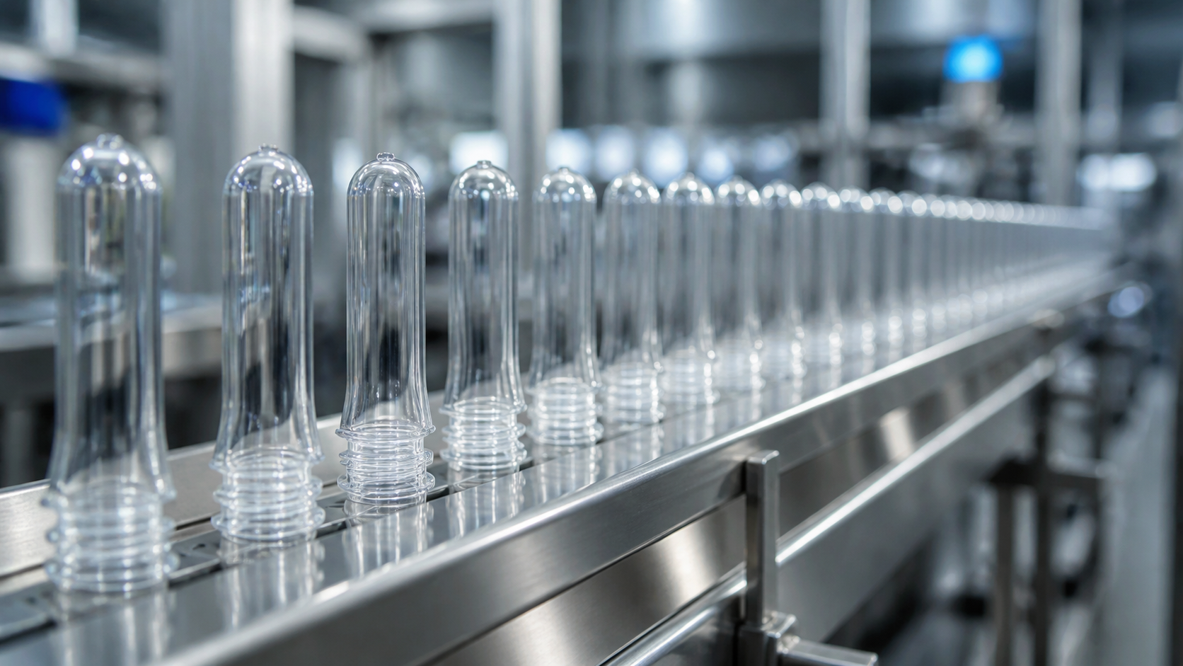 rPET preforms aligned on a conveyor inside a beverage packaging plant