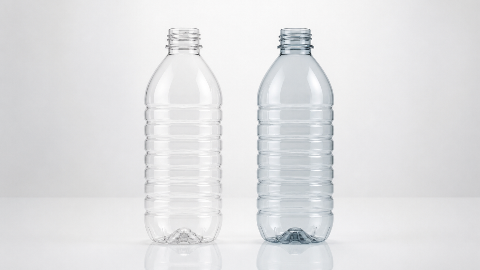 Virgin PET and 100% rPET bottles side by side showing slight tint