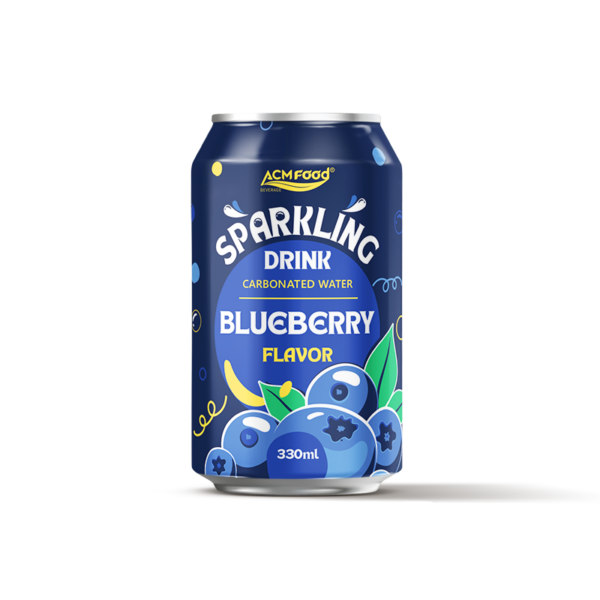 330ml ACM Food sparkling drink carbonated water blueberry flavor in an aluminium can, front view on a white background