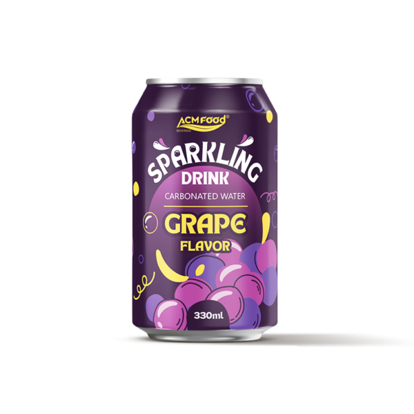 330ml ACM Food sparkling drink carbonated water grape flavor in an aluminium can, front view on a white background