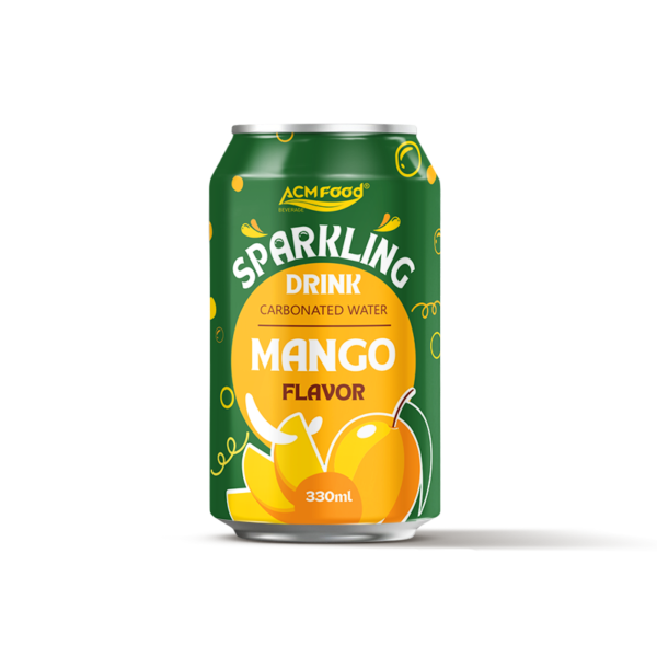 330ml ACM Food sparkling drink carbonated water mango flavor in an aluminium can, front view on a white background