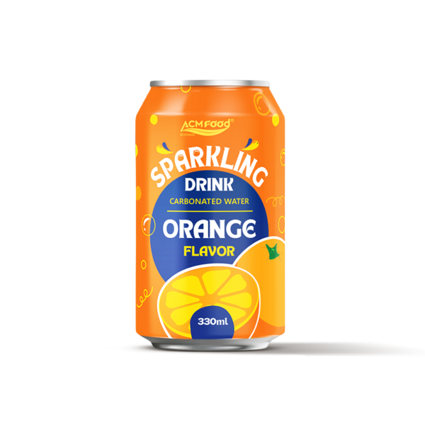 330ml ACM Food sparkling drink carbonated water orange flavor in an aluminium can, front view on a white background