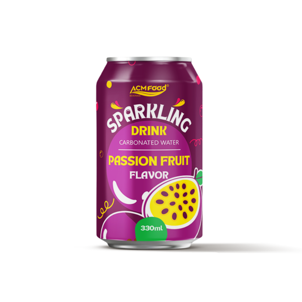 330ml ACM Food sparkling drink carbonated water passion fruit flavor in an aluminium can, front view on a white background