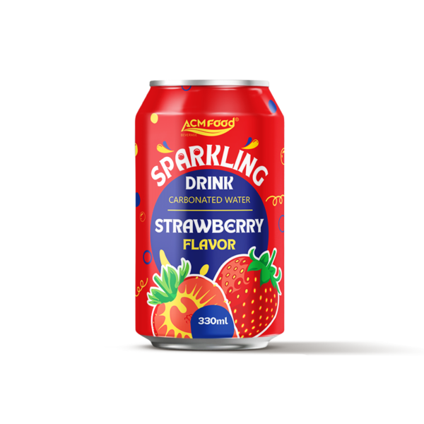 330ml ACM Food sparkling drink carbonated water strawberry flavor in an aluminium can, front view on a white background