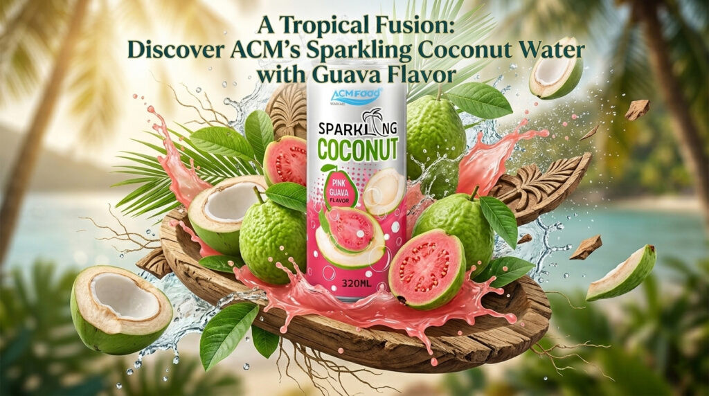 A Tropical Fusion Discover ACM's Sparkling Coconut Water with Guava Flavor