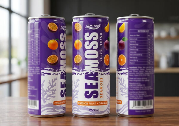 Sea Moss Juice 250ml Can with Passion fruit and Orange poster