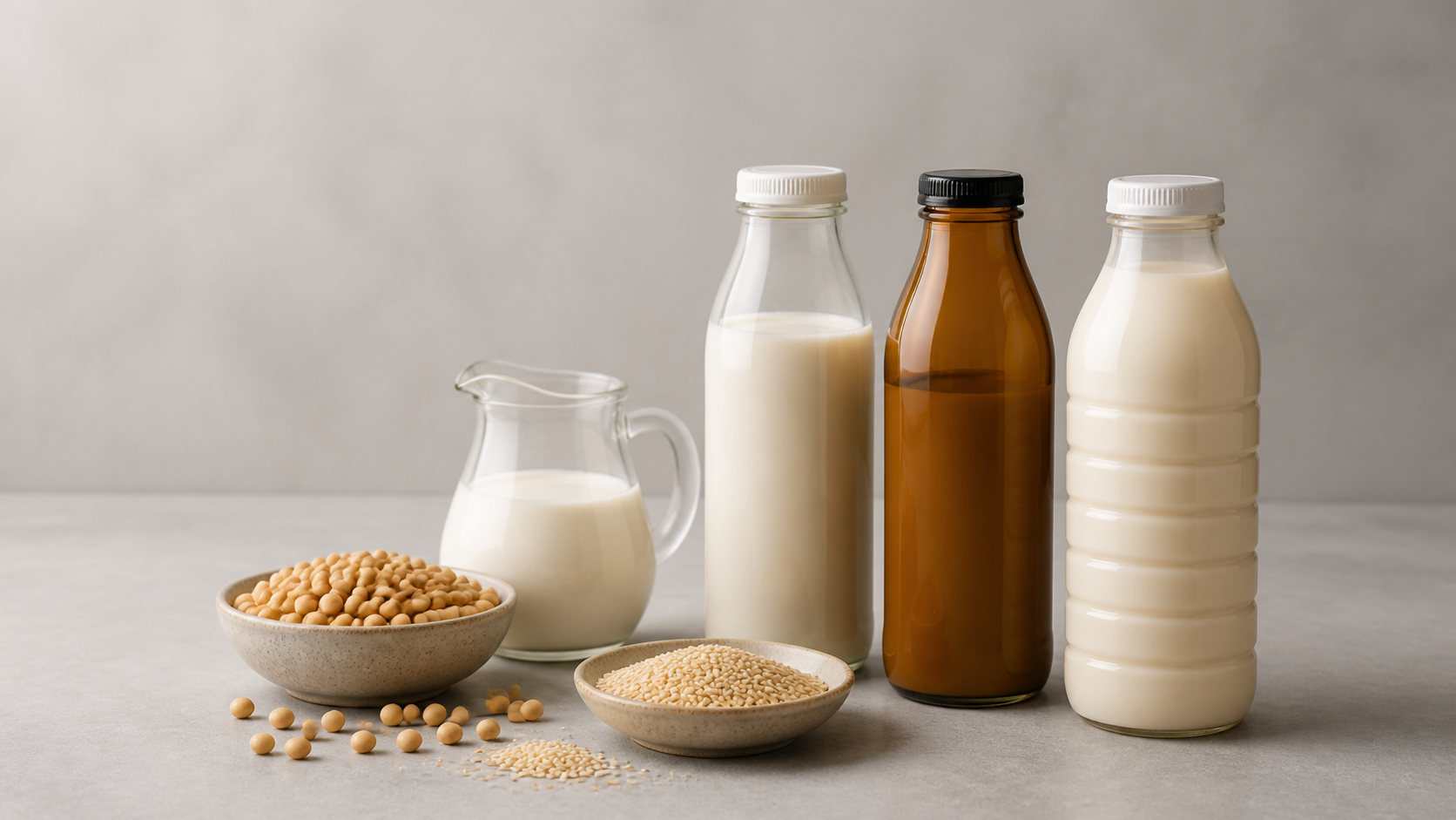 Milk, soybeans and sesame seeds beside assorted beverage bottles