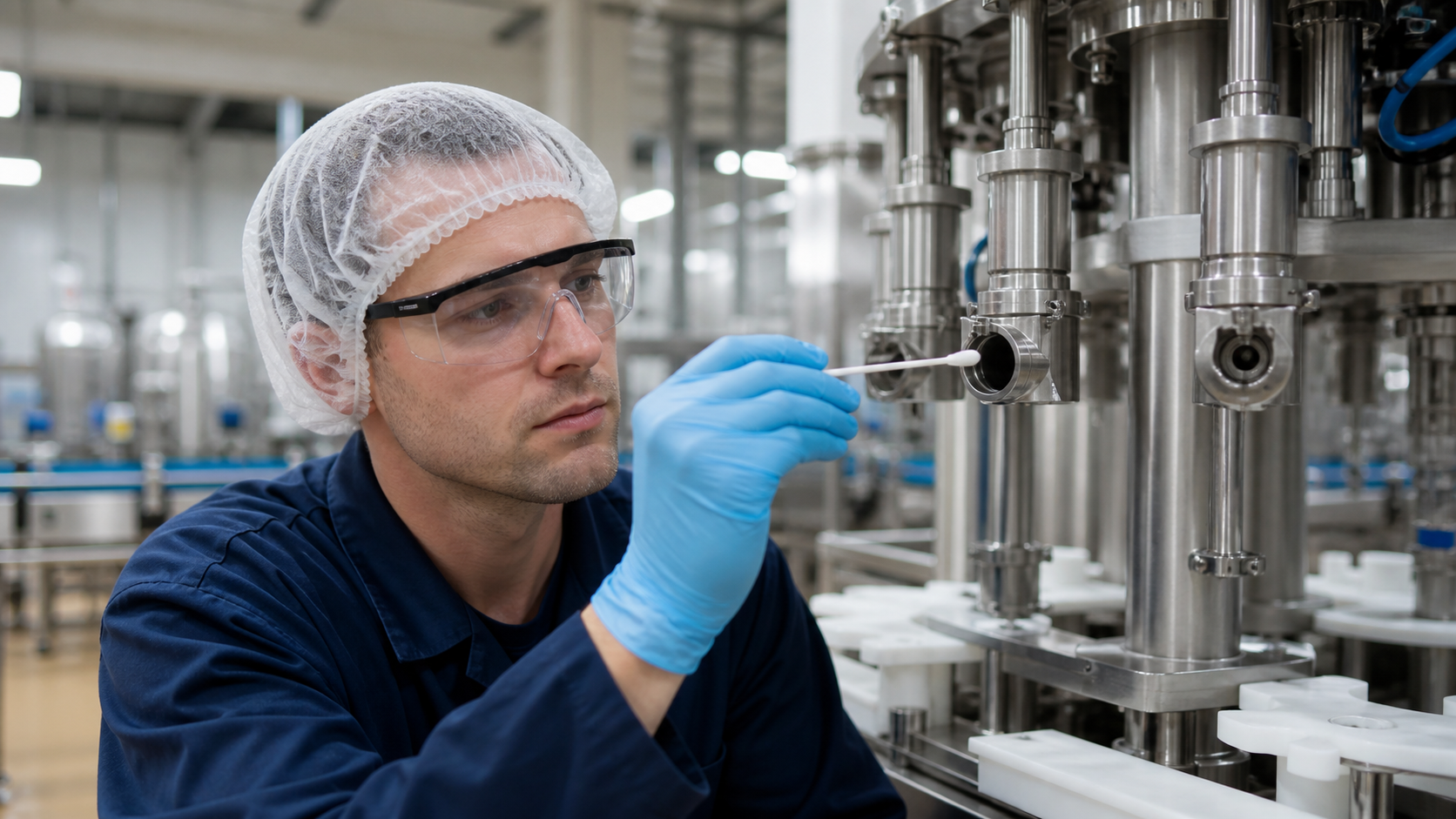 Technician swabbing filler nozzle after CIP during allergen changeover