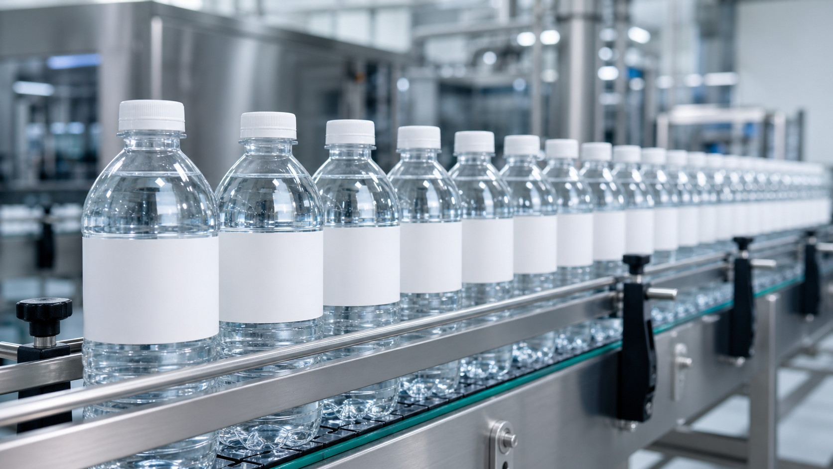 Generic beverage bottles with simple labels on clean production line