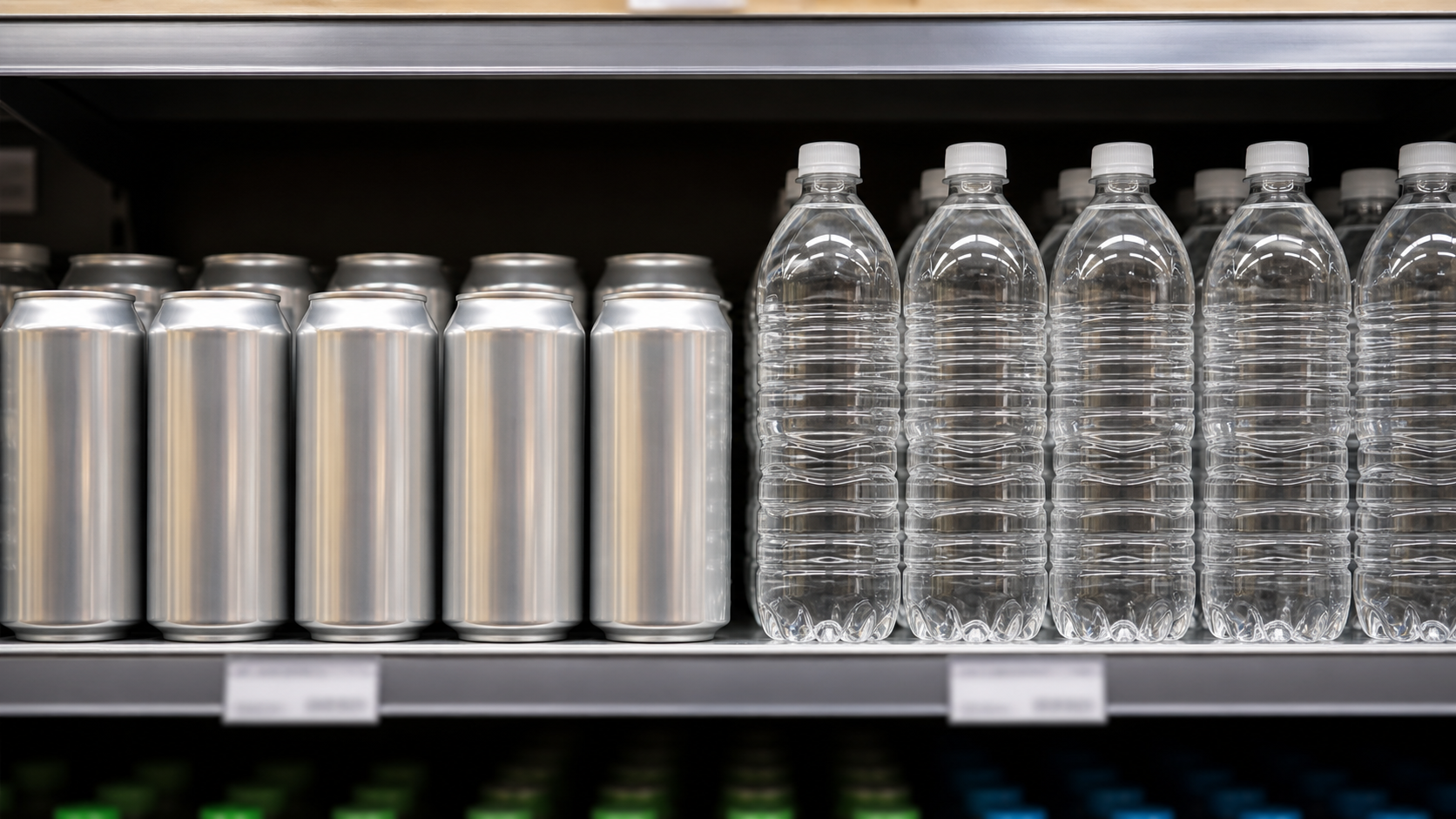 Aluminium cans and PET bottles side by side on shelf