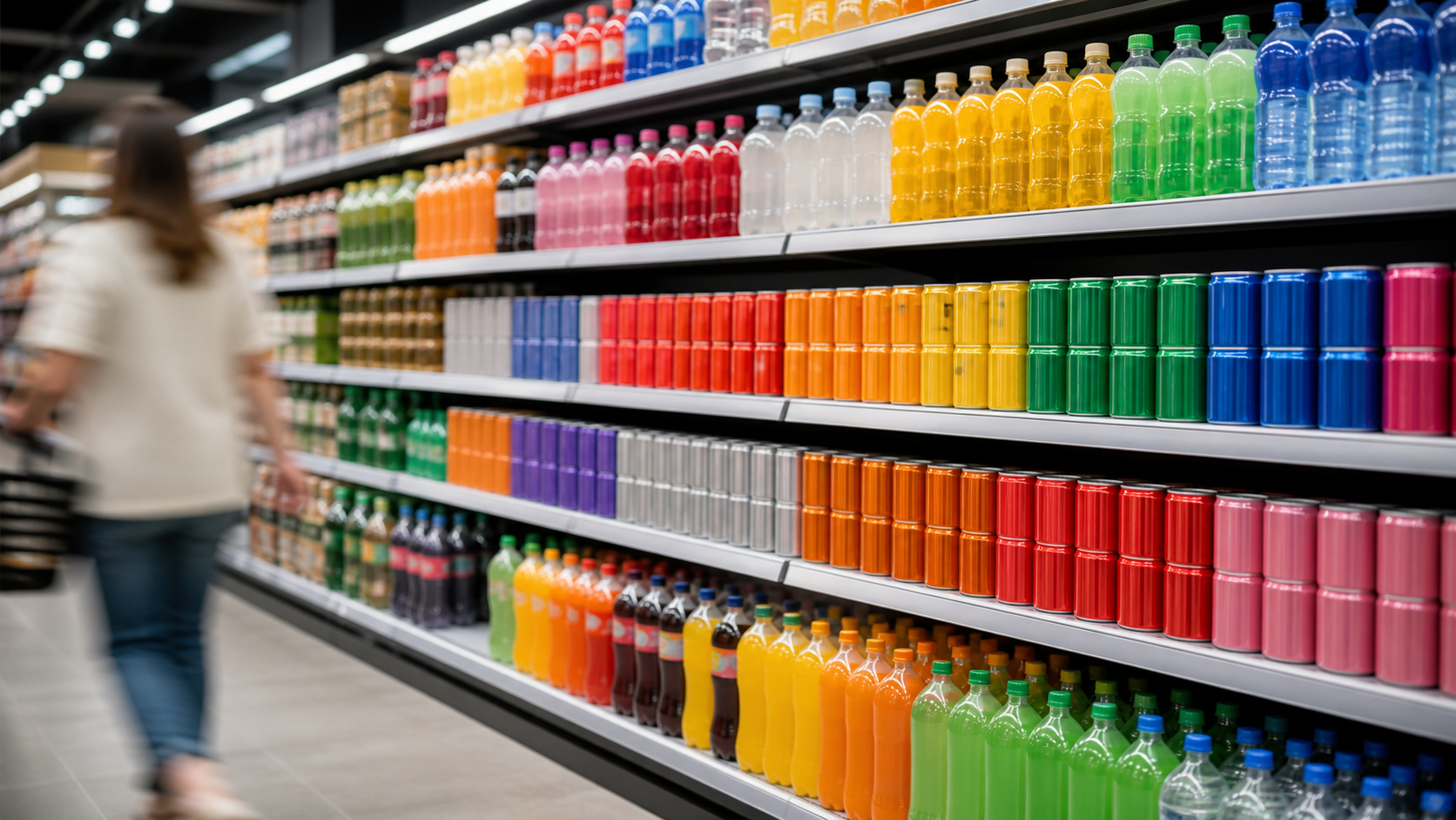 Supermarket aisle with colorful beverage cans and PET bottles