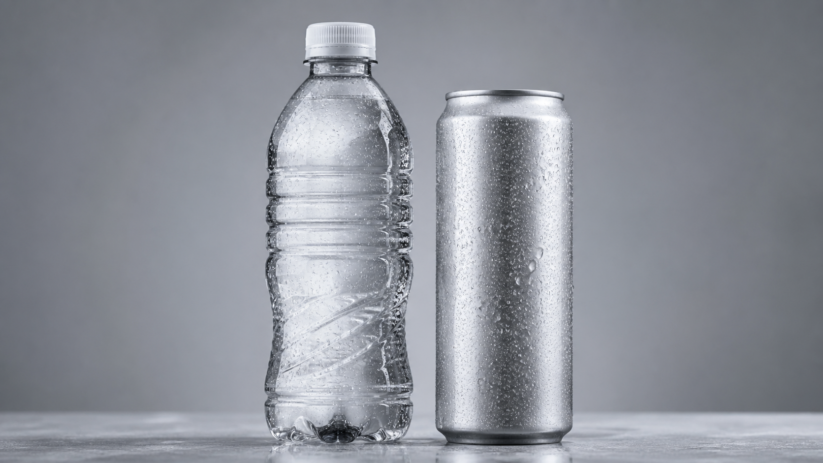 Close-up of PET bottle and slim can with condensation