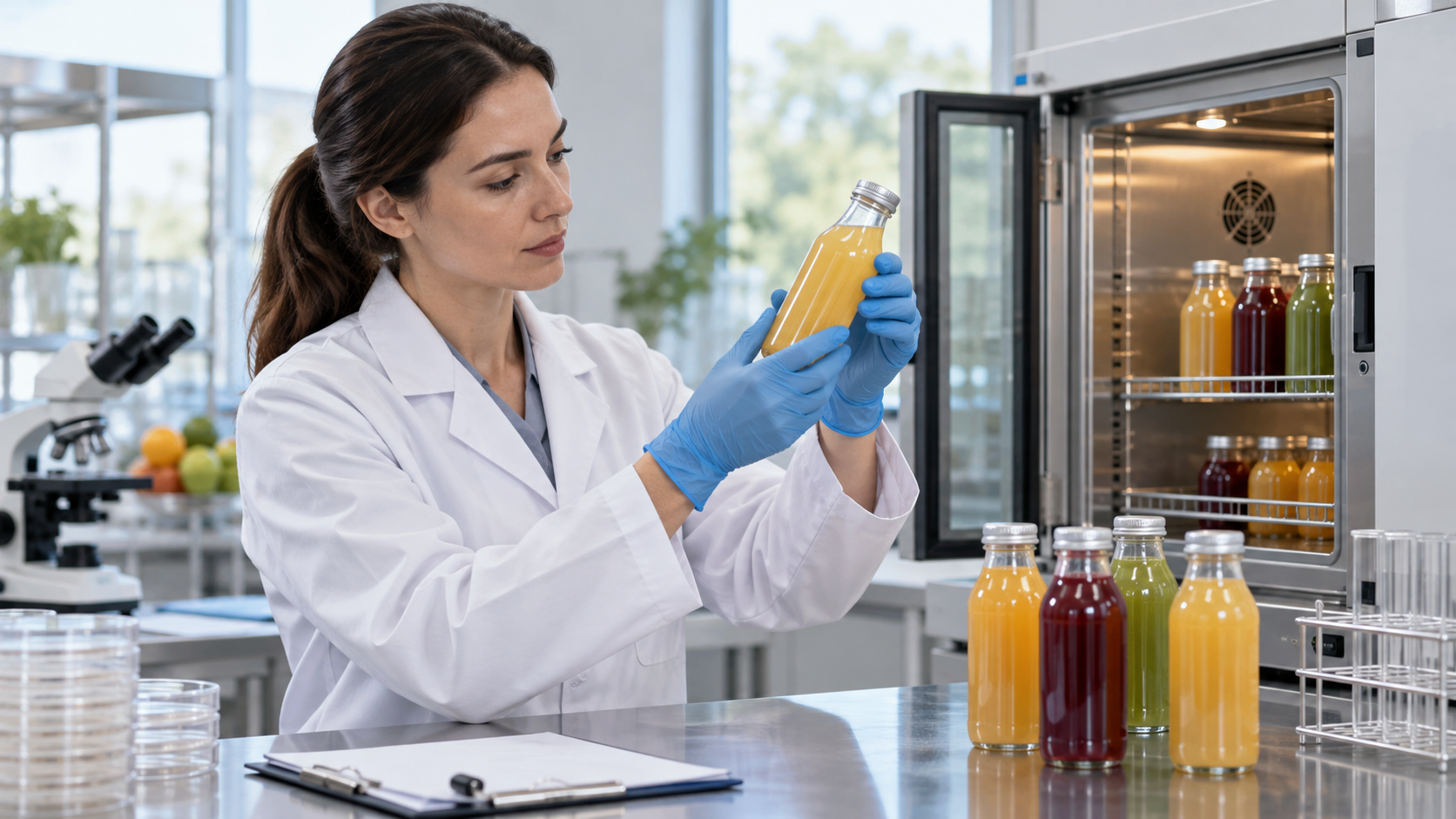 Technician checking aseptic drink samples beside an incubator