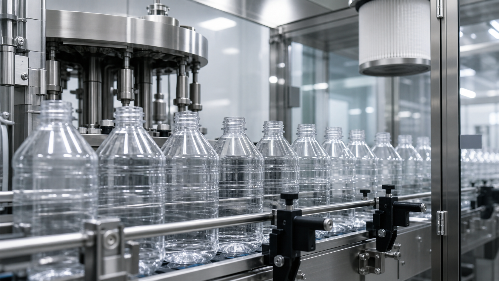 Close-up of beverage bottles on sterile filling line enclosure