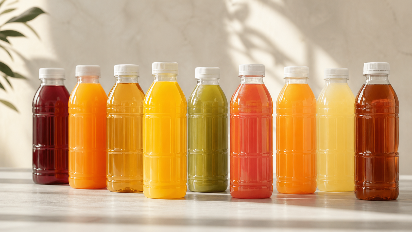 Assorted shelf-stable juices and teas in unlabeled PET bottles
