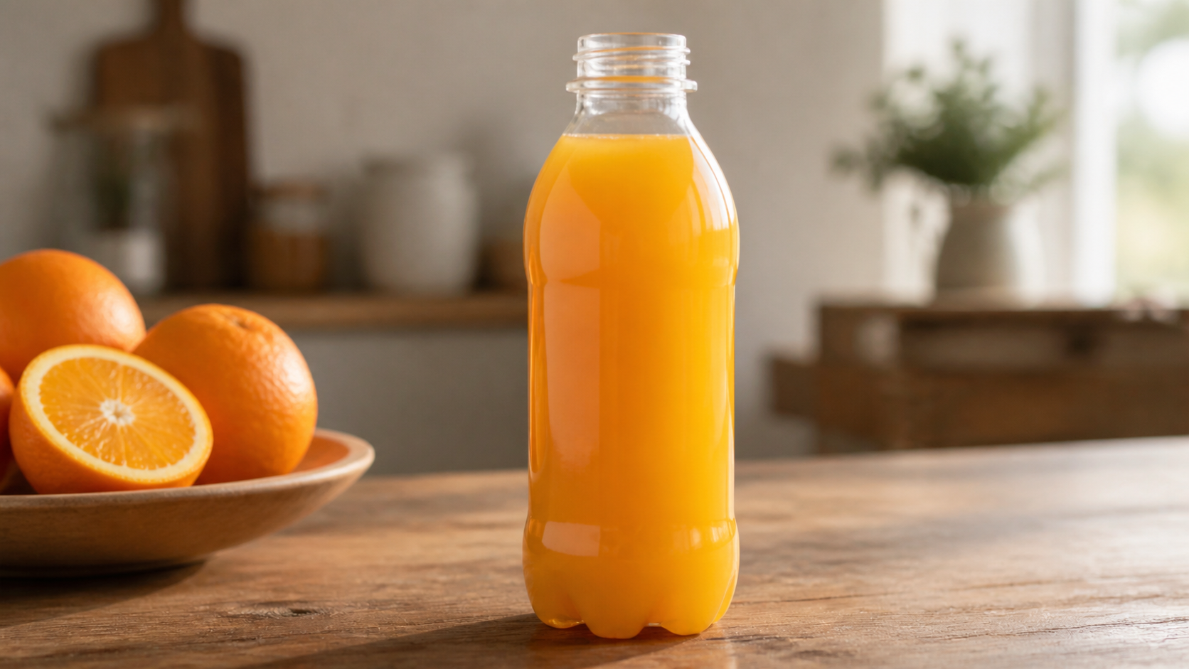 Clear PET bottle of hot-filled orange juice on wooden table