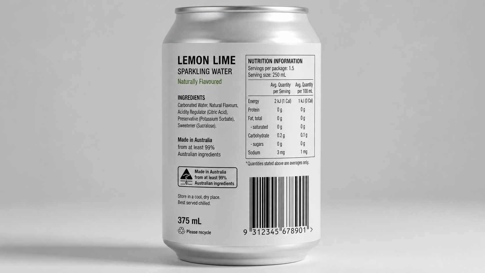 Close-up of compliant Australian beverage label on a canned drink