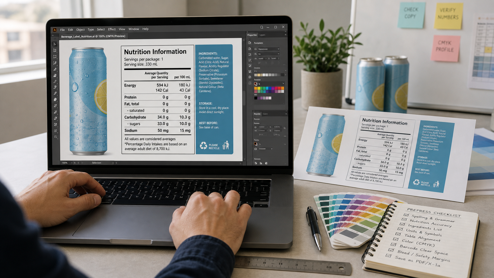 Graphic designer preparing nutrition panel for Australian beverage label artwork
