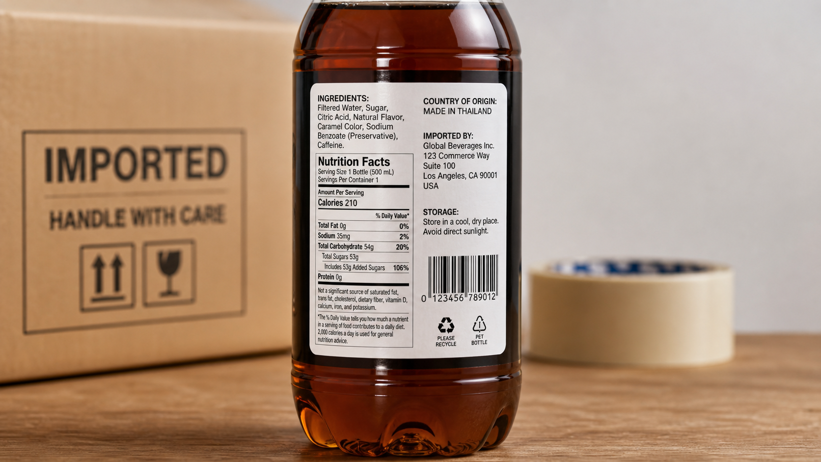 Imported bottled drink with Australian compliance sticker on back label