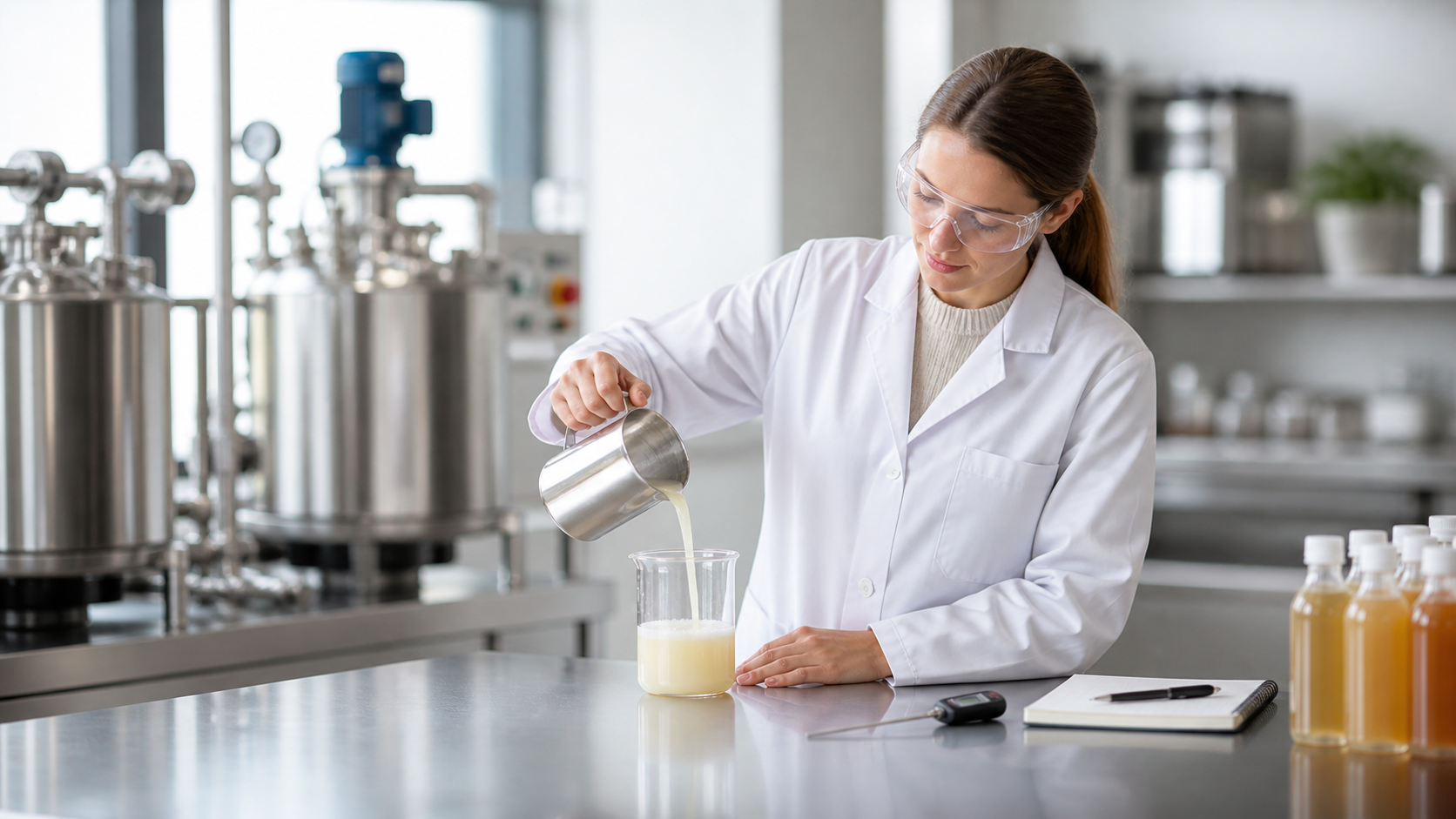 Technologist pouring pilot batch beverage into glass beaker on bench
