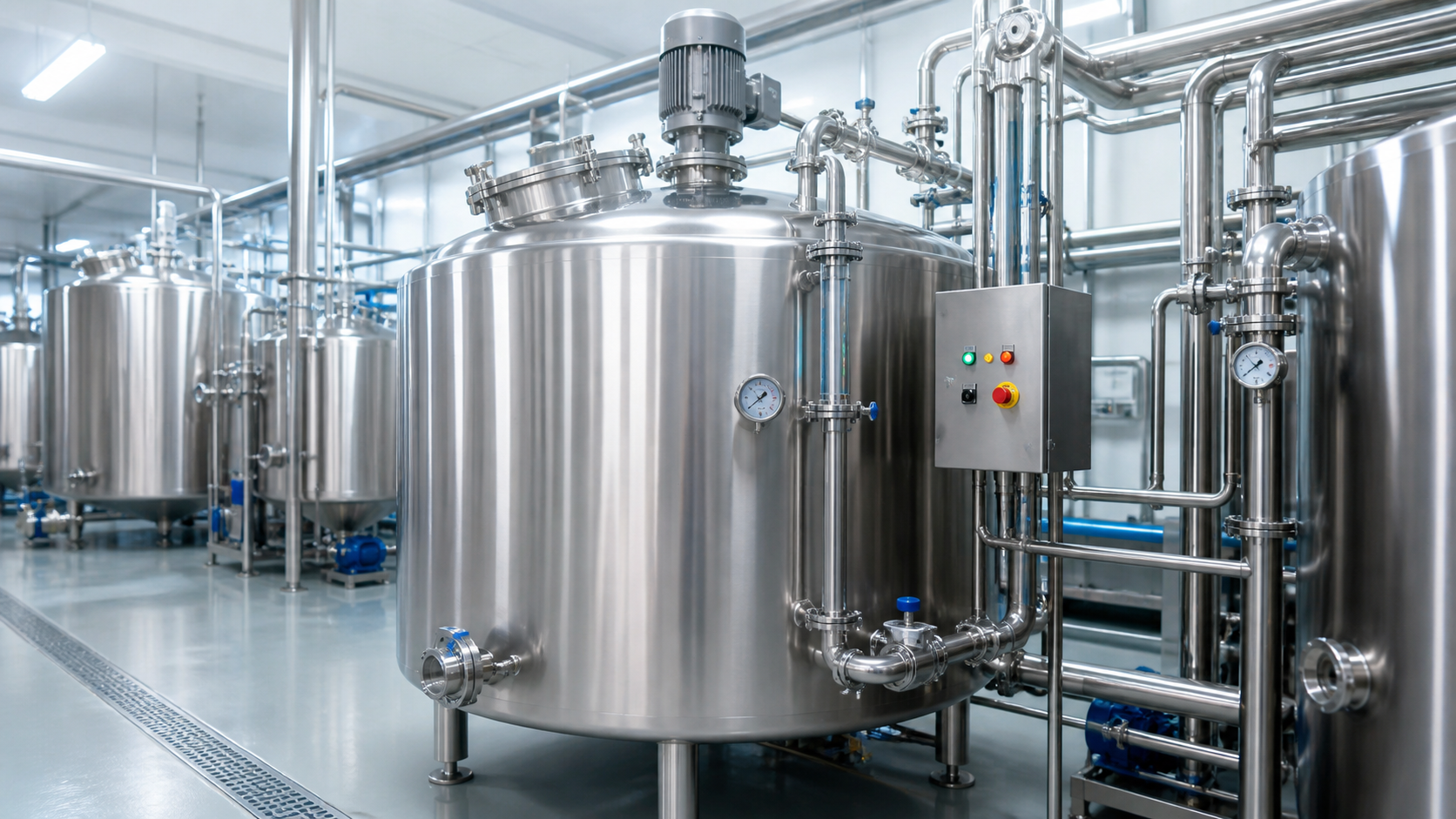 Stainless steel mixing tank with agitator and control panel in plant