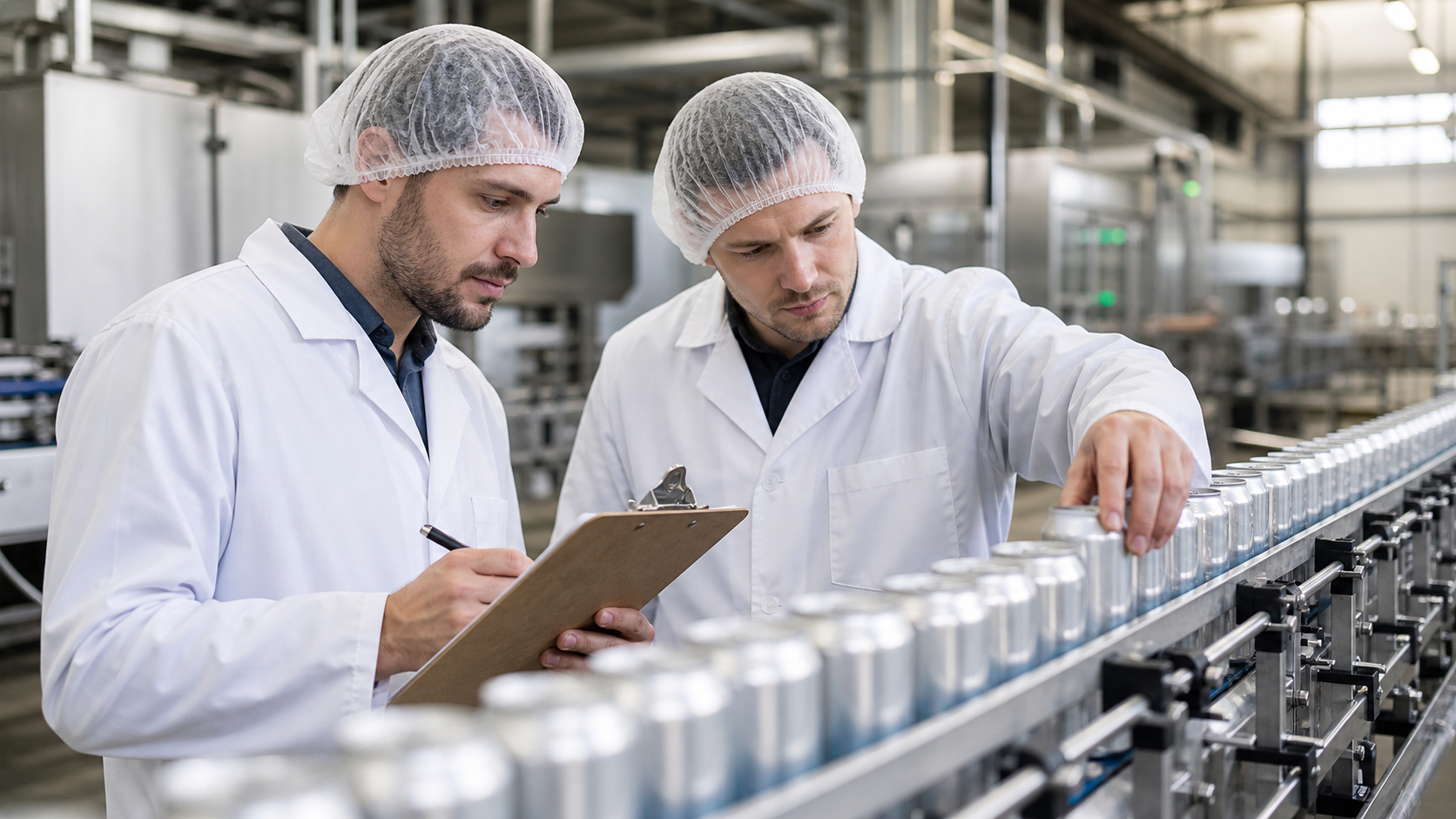 Quality team inspecting filled beverage cans from first production run