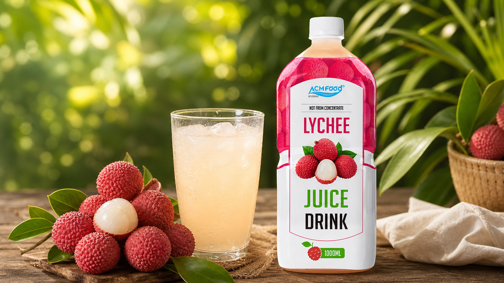 Fresh lychee fruits and a glass of lychee juice on table