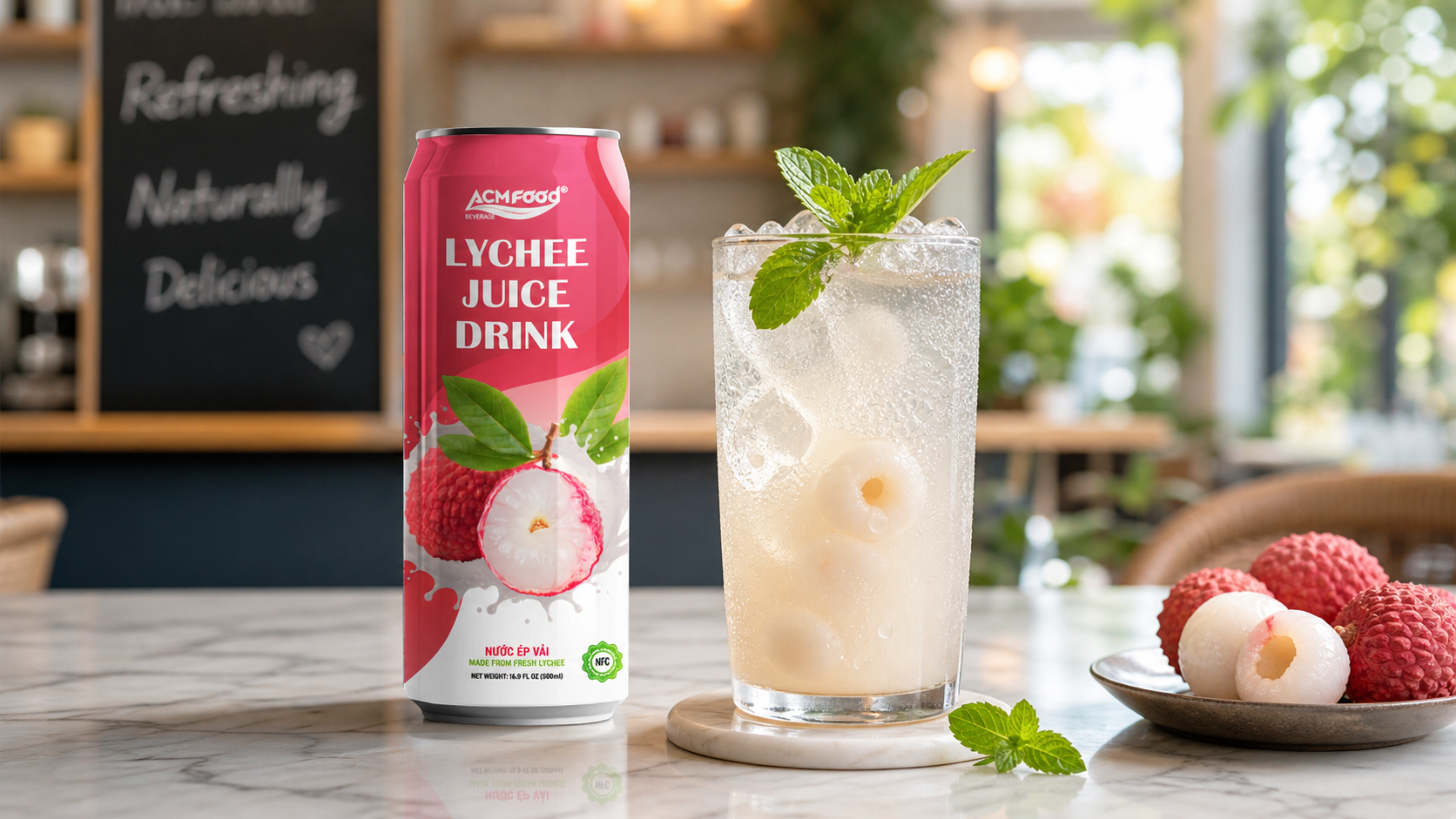 Iced lychee juice with mint and lychee pieces in a clear glass