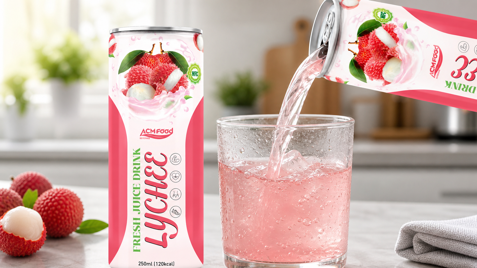 Close-up pour of lychee juice into a chilled tumbler glass