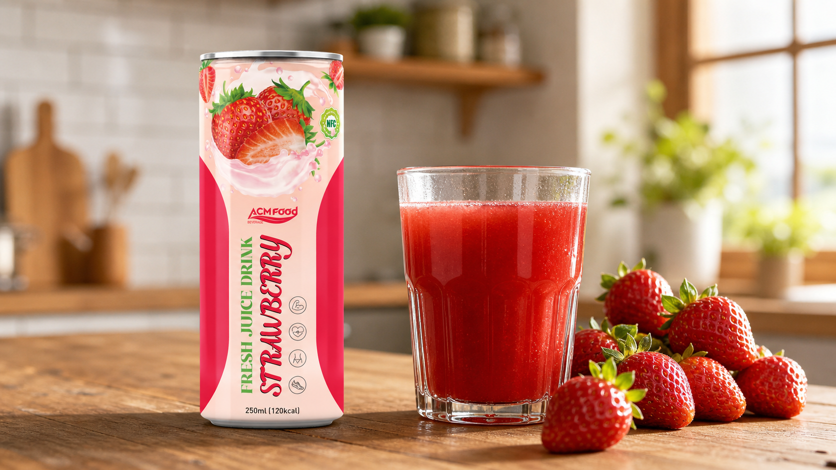 Glass of strawberry juice beside fresh ripe strawberries on wooden table