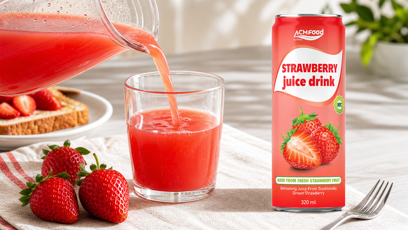 Pouring strawberry juice into a clear glass for a breakfast setting