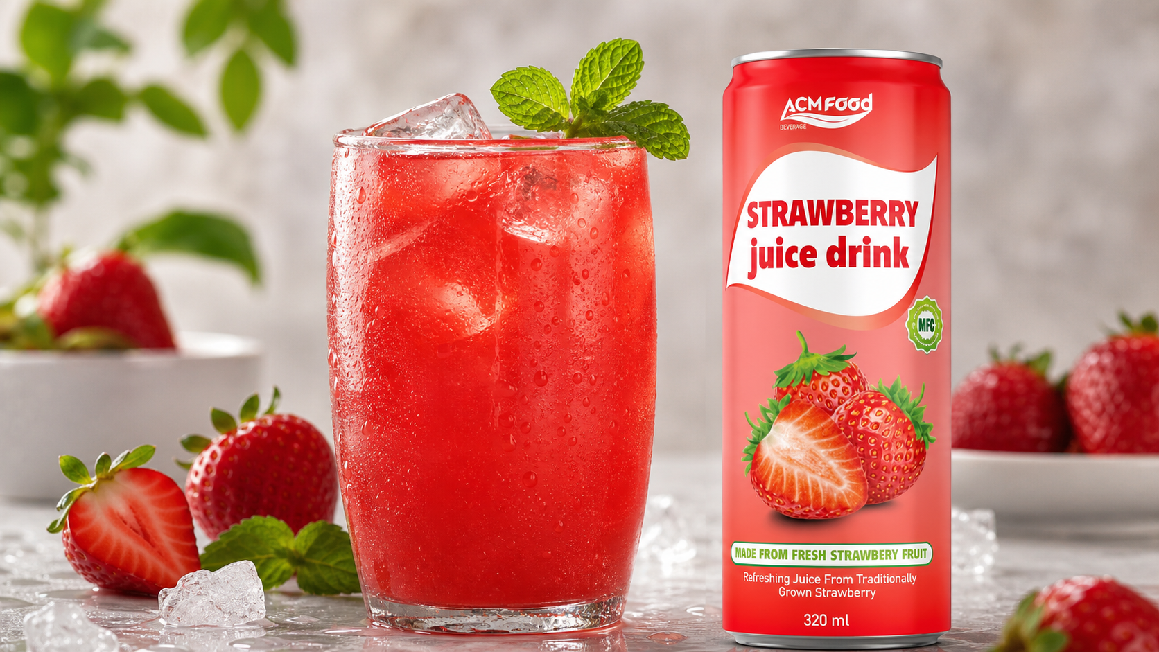 Close-up of chilled strawberry juice with ice cubes and mint leaves