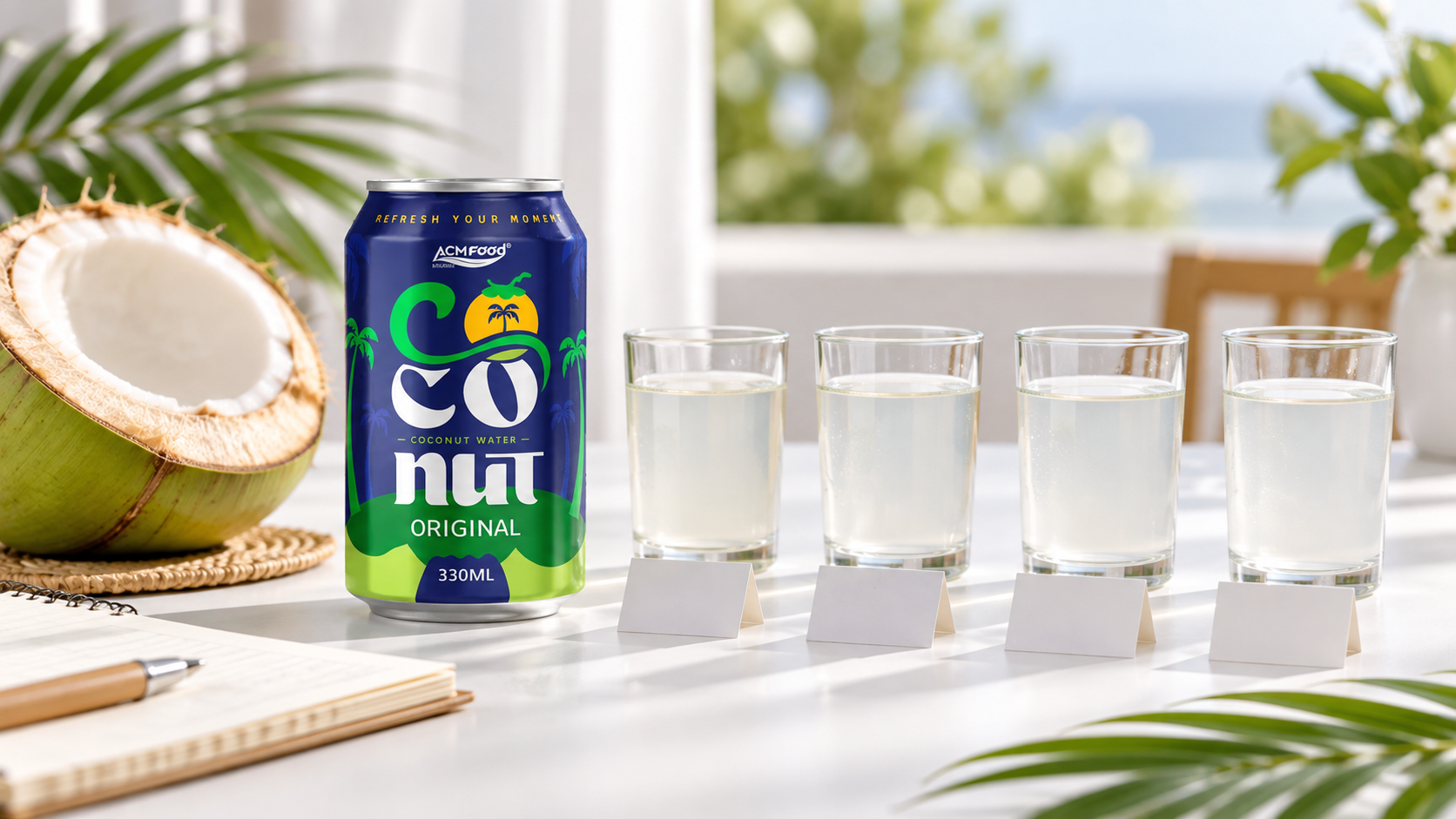 Tasting setup with four clear glasses of coconut water in a row on a white table, small cards without text in front of each glass, a halved young coconut and a notepad nearby, bright soft daylight, clean minimal styling, realistic commercial photography, 16:9 landscape, no text