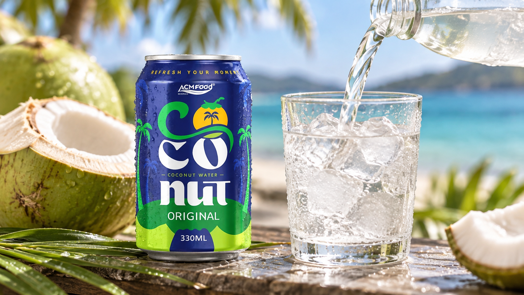 Close-up of coconut water being poured from a clear bottle into a glass with ice, droplets on the glass, halved young coconut in the soft-focus background, bright natural light, realistic commercial beverage photography, 16:9 landscape, no text, no logos
