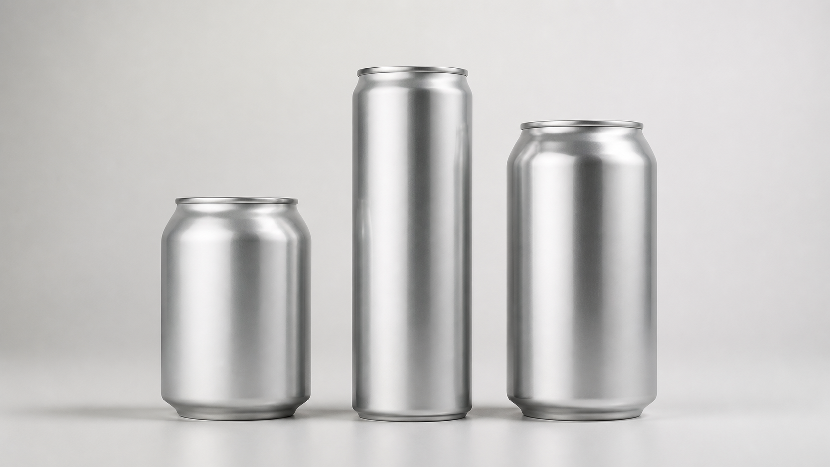 Assorted sleek, slim and standard beverage cans on neutral background