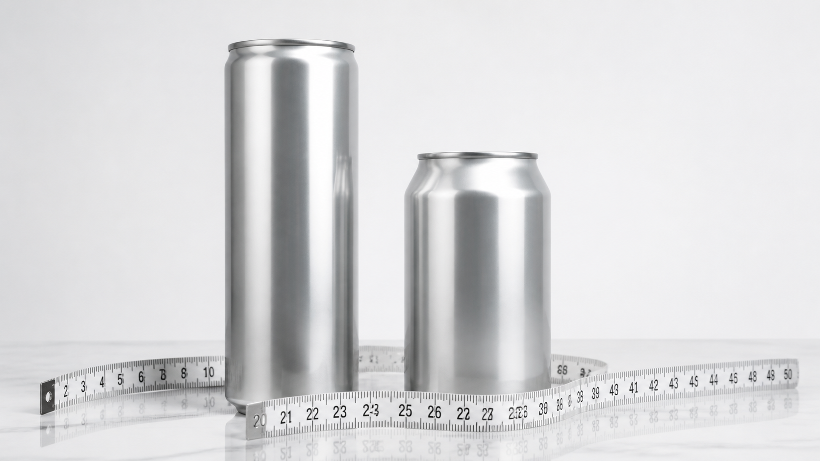 Tall slim can beside shorter standard can with measuring tape