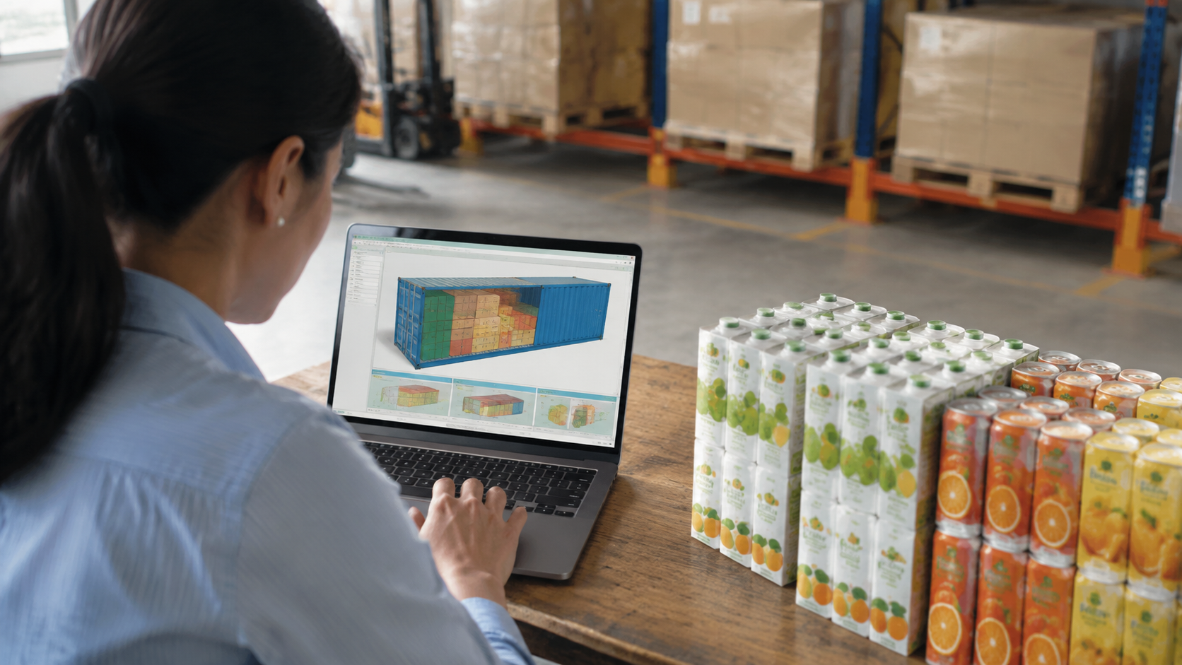 Logistics planner reviewing a container loading diagram on a laptop next to beverage cartons in a warehouse, soft daylight, commercial photography, landscape composition