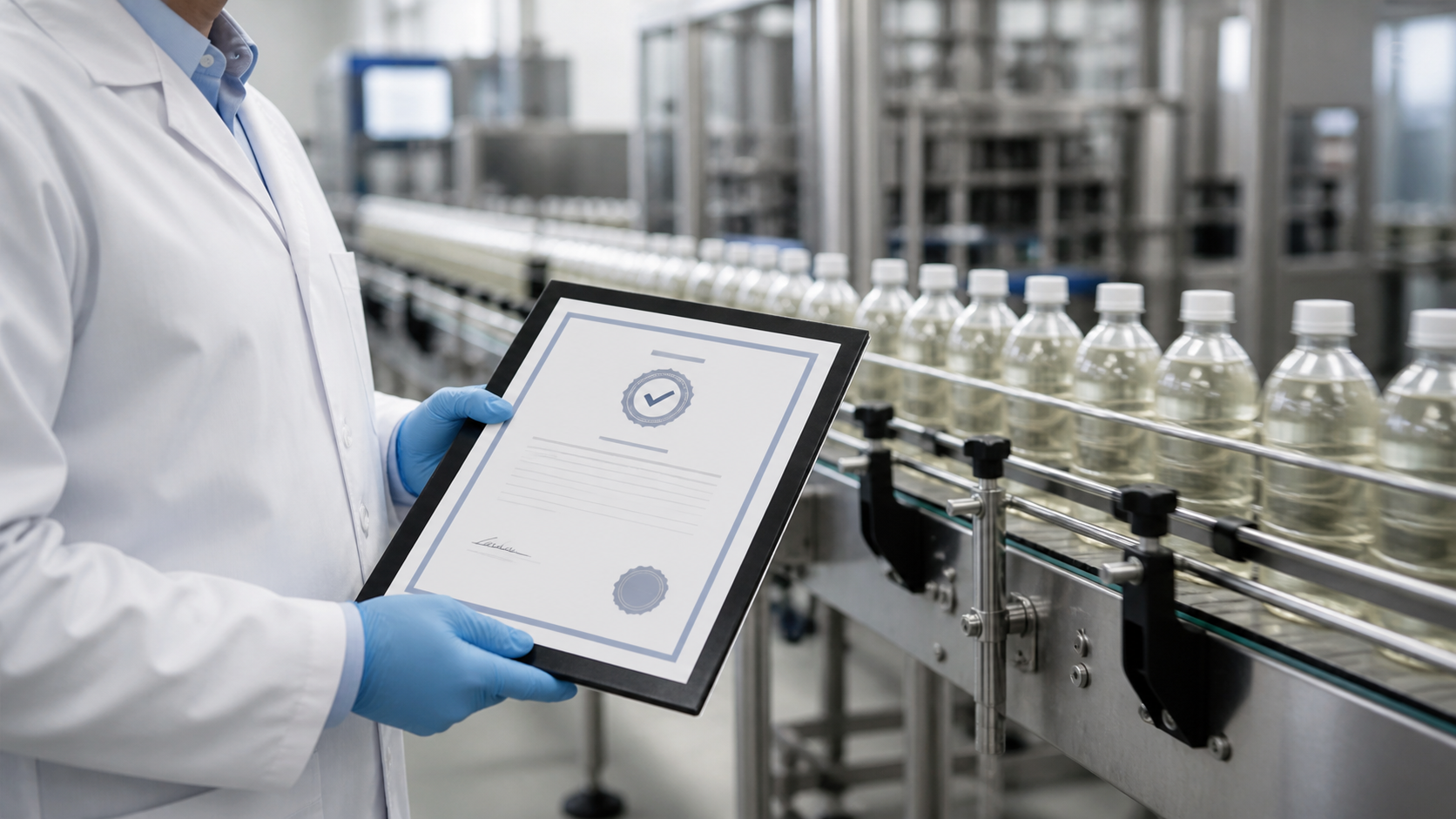 Quality auditor holding certificate near beverage bottling line in factory