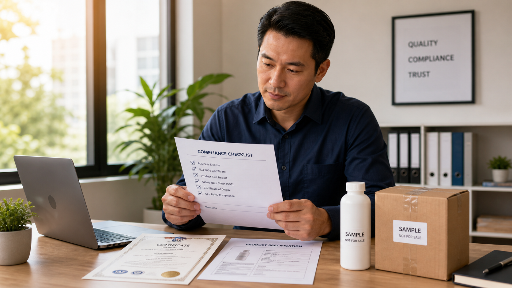 Importer reviewing beverage compliance checklist with supplier documents on desk