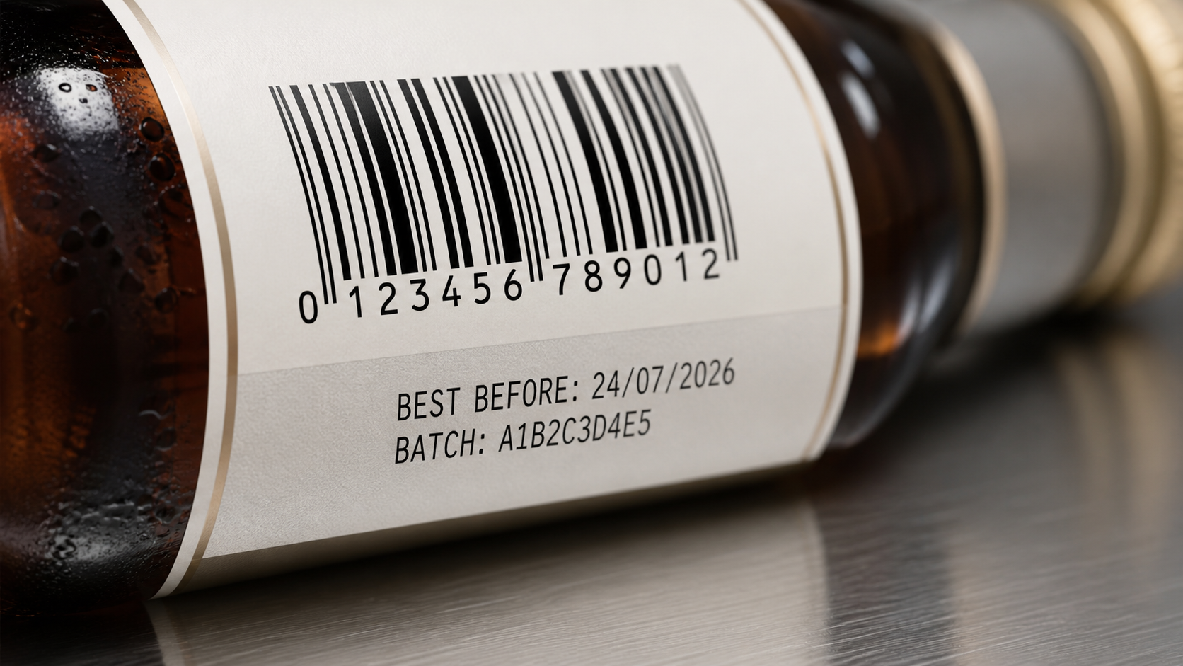Close-up beverage bottle barcode and date code for traceability