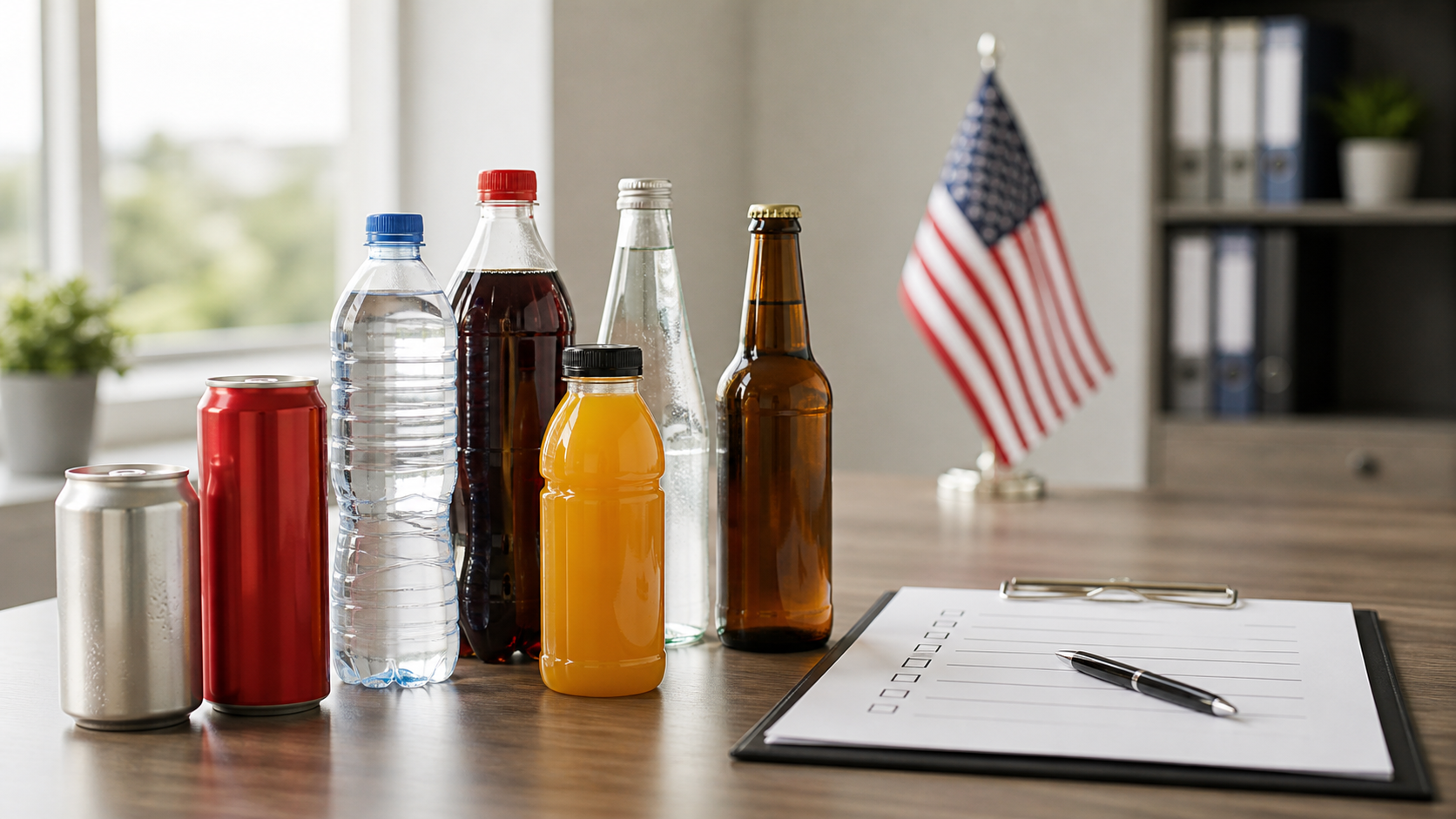 Assorted bottled beverages with compliance checklist and USA flag