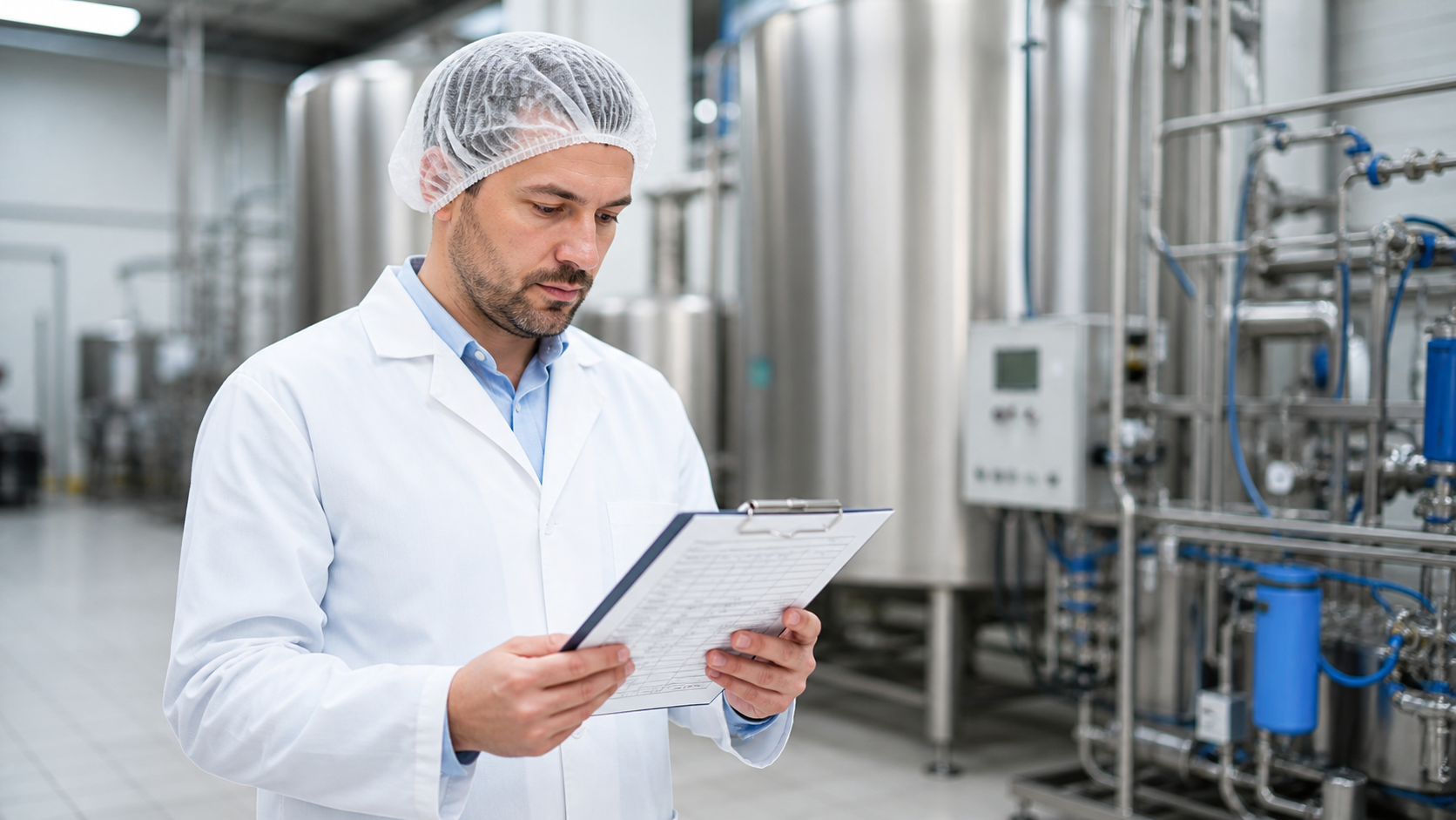 Quality auditor reviewing beverage factory GFSI documentation on clipboard