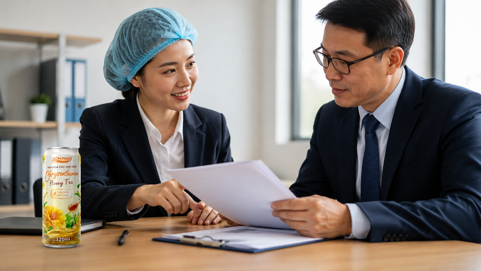 Auditor reviewing a food safety certificate and factory documents with a manufacturing manager, natural office lighting, commercial photography, landscape composition