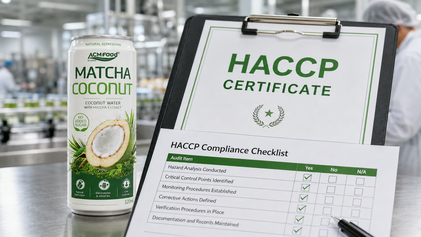 Close-up of a HACCP certificate and compliance checklist on a clipboard in a beverage factory, bright clean lighting, commercial photography, landscape composition