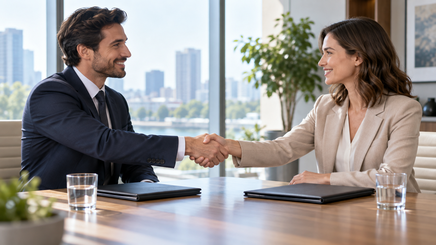 Two people shaking hands across a meeting table with closed folders and glasses of water in front of them, bright modern office, natural window light, waist-level framing, professional commercial photography, 16:9 landscape